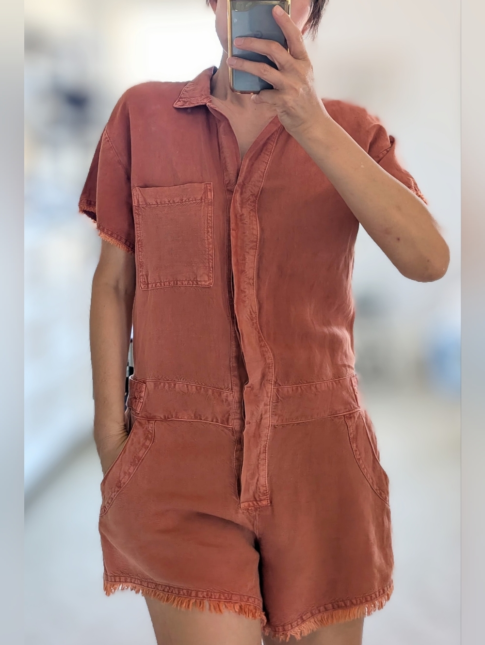 Young Fabulous And Broke Linen Blend Washed Rust Short Sleeve Women's Jumpsuit